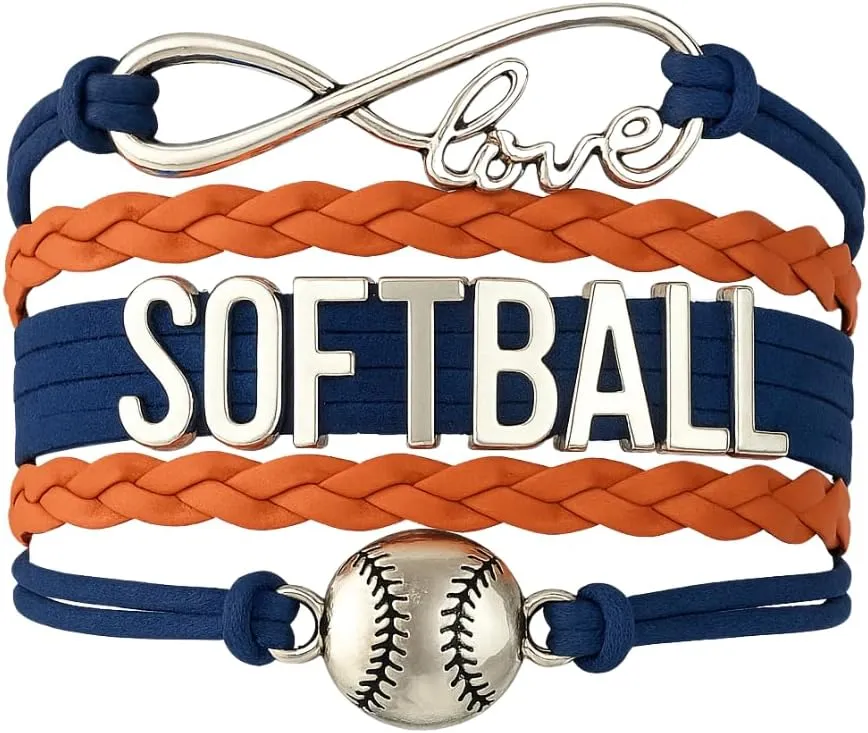 Sportybella Softball Charm Bracelet, Adjustable Orange and Navy Infinity Love Braided Wristband, Softball Jewelry Accessories for Teen Girls, Players, and Softball Teams