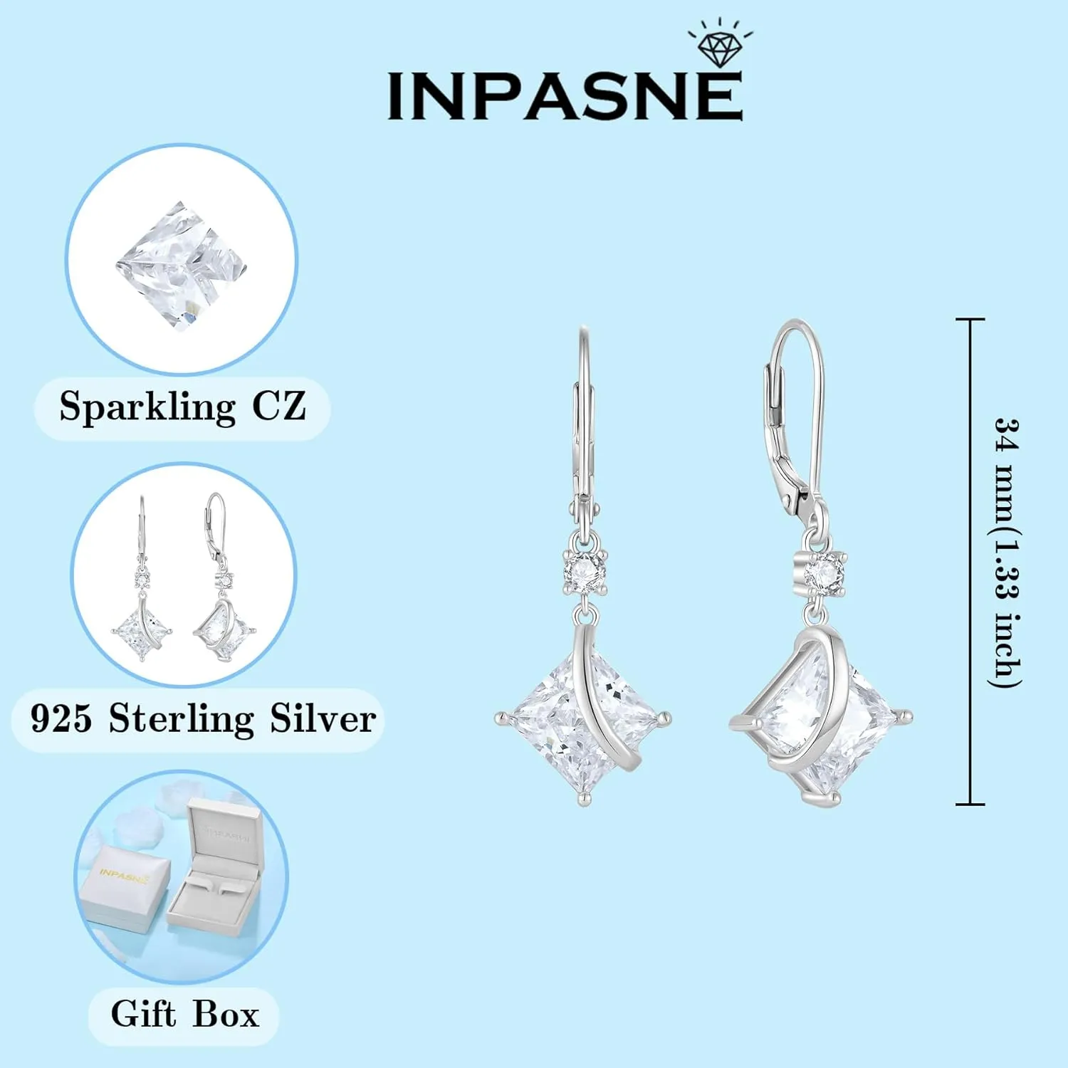 Square Princess Cut Drop Dangle Earrings 925 Sterling Silver Solitaire Leverback Earrings Birthstone Jewelry Gifts for Women