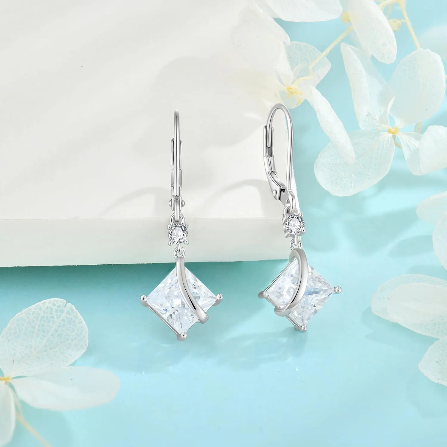 Square Princess Cut Drop Dangle Earrings 925 Sterling Silver Solitaire Leverback Earrings Birthstone Jewelry Gifts for Women