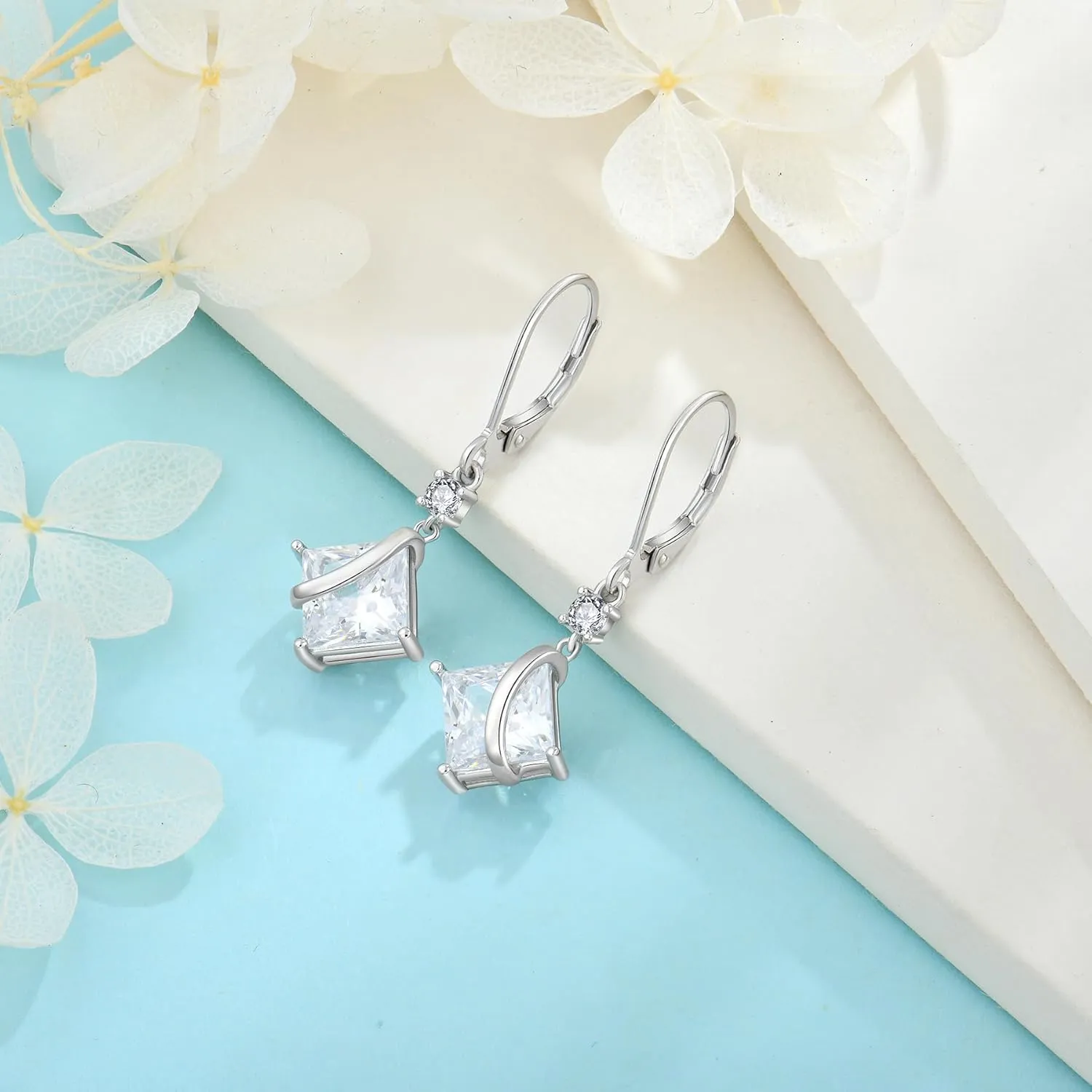 Square Princess Cut Drop Dangle Earrings 925 Sterling Silver Solitaire Leverback Earrings Birthstone Jewelry Gifts for Women