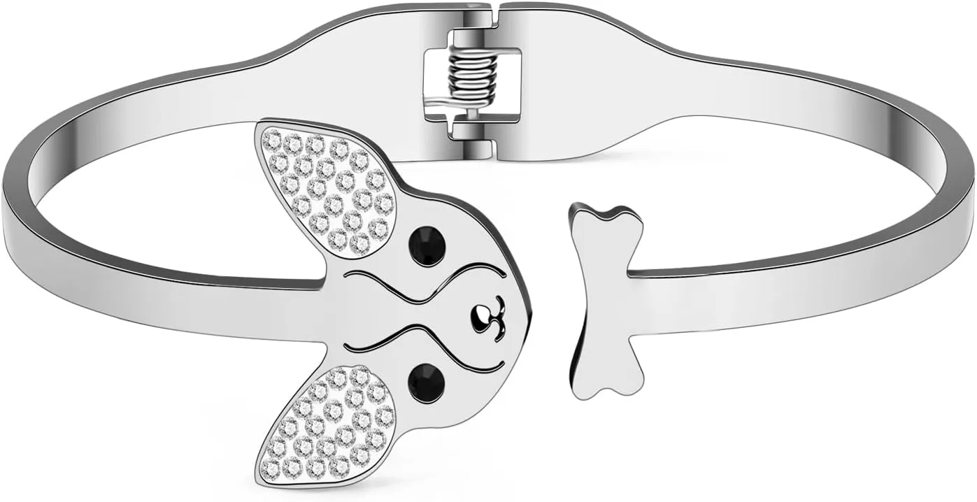 Stainless Steel 18K Gold Silver Plated Crystal Cute Chihuahua Bracelets Puppy Pets Dog Animals Hollow Out Cuff Bangle Jewelry For Women Mom Charms Gifts (Gold)