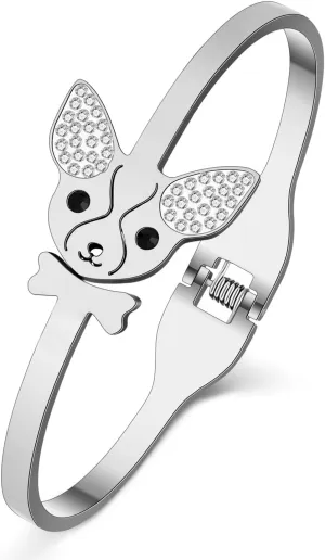 Stainless Steel 18K Gold Silver Plated Crystal Cute Chihuahua Bracelets Puppy Pets Dog Animals Hollow Out Cuff Bangle Jewelry For Women Mom Charms Gifts (Gold)