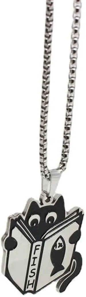 Stainless Steel Cat Pendant with Funny Fish Book Design | Quirky Cat Lover Jewelry for Women & Men