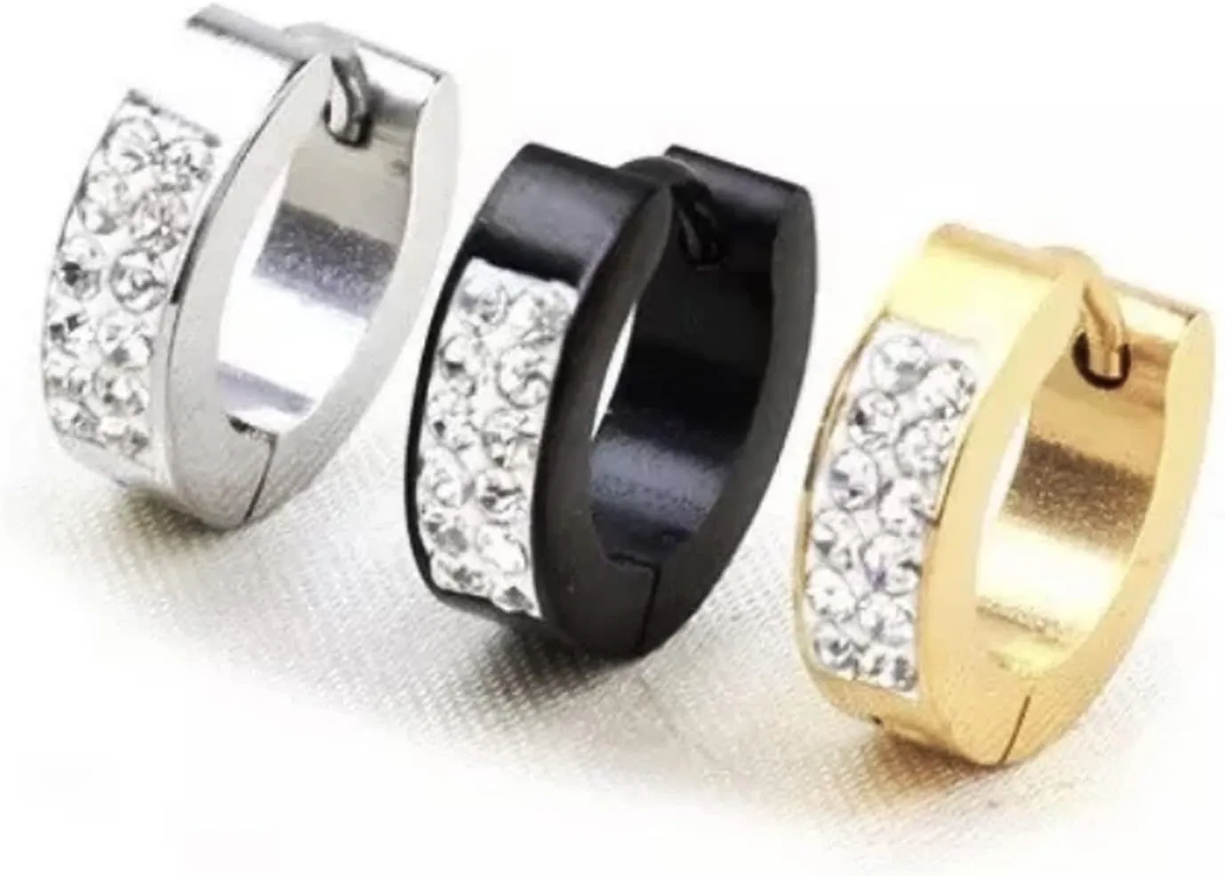 Stainless Steel Men's Single Pack Of 3 Diamond Hoop Earrings