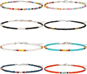 Starain 8-12Pcs Handmade Beaded Anklets for Women Boho Colorful Beads Ankle Bracelets Adjustable Foot Anklet Set