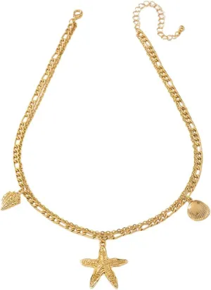 Starfish Shell Conch Charm Choker Pendant Necklace for Women Gold Plated Seaside Beach Layered Necklaces Adjustable Chain Hypoallergenic Fashion Trendy Summer Jewelry 16"