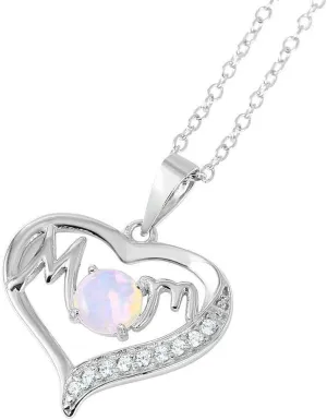 Sterling Silver 925 Heart Necklace CZ & Imitation White Opal Mom Pendant Necklace, Mothers Day Jewelry