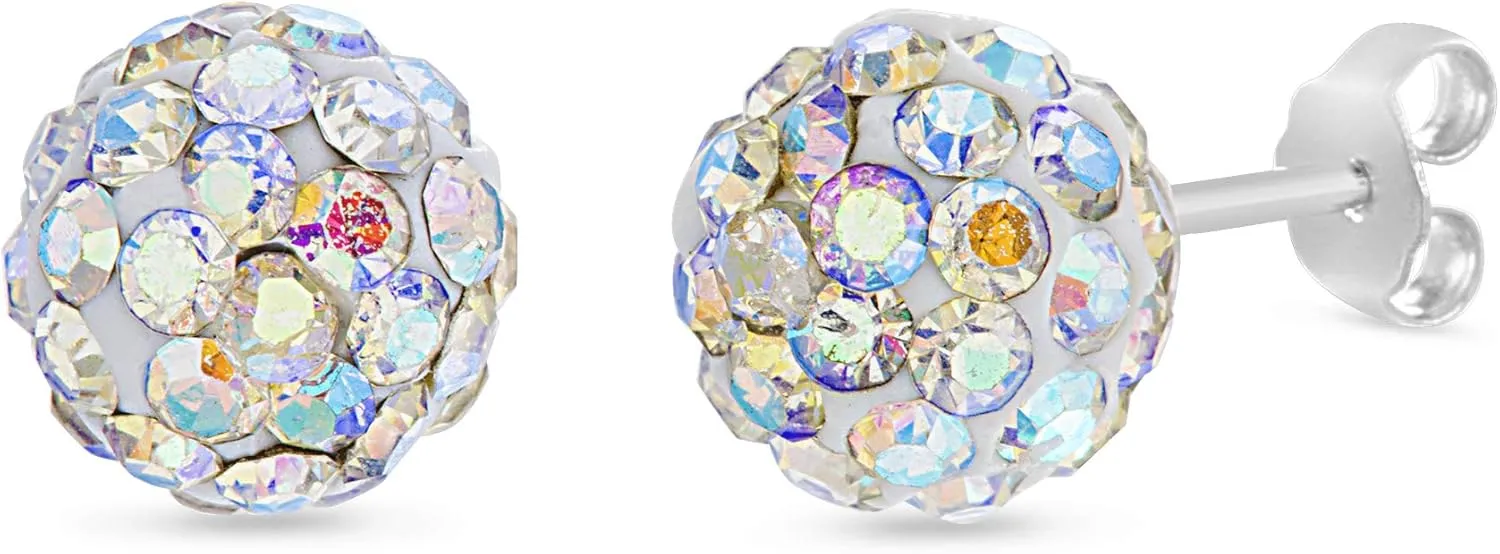 Sterling Silver Aurore Boreale Crystal Ball Stud Earrings for Women White 8mm