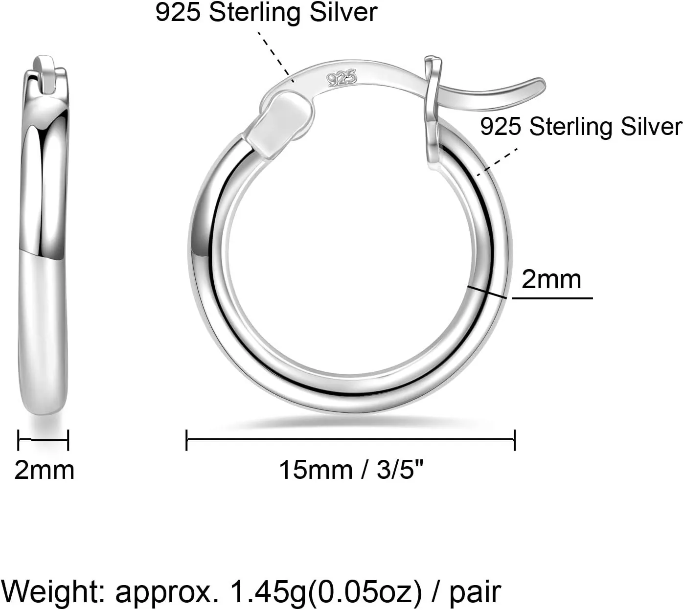 Sterling Silver Hoop Earrings 7 Sizes Options 2mm Tube High Polished Silver Hoops 15mm 20mm 25mm 30mm 40mm 50mm 60mm Hypoallergenic Jewelry