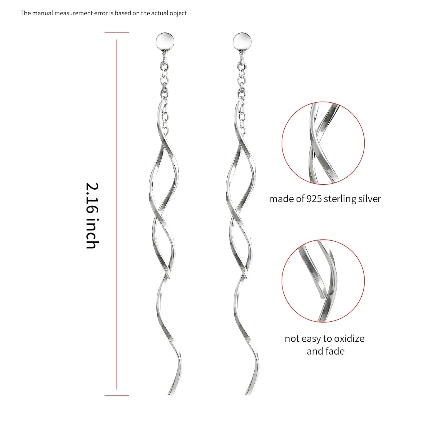 Sterling Silver Spiral Long Wire Earrings, Handmade Twisted Linear Hypoallergenic Dangle Drop Earrings, Gift for Women (Silver)