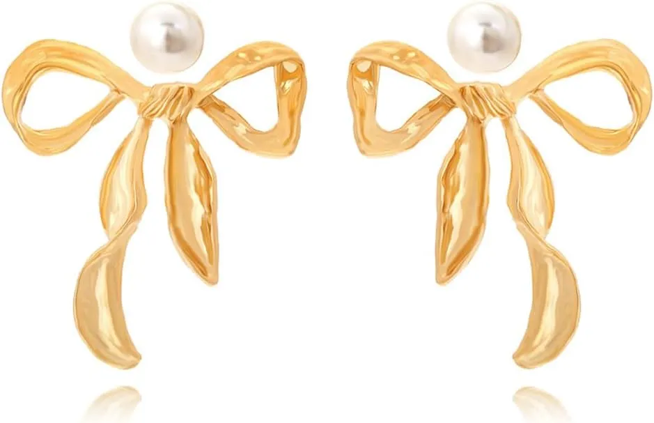 Stylish Elegant Metal Bow Stud Earrings for Women Daily Accessories Irregular Ribbon Bow Imitation Pearl Earrings for Wedding Jewelry