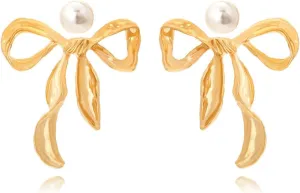 Stylish Elegant Metal Bow Stud Earrings for Women Daily Accessories Irregular Ribbon Bow Imitation Pearl Earrings for Wedding Jewelry
