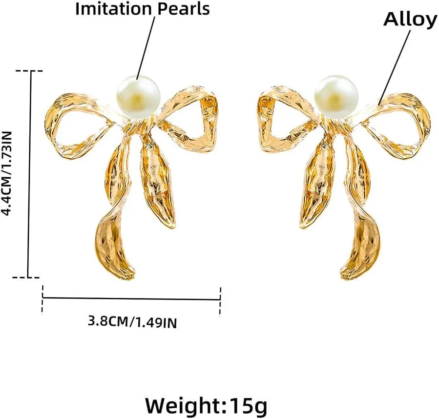 Stylish Elegant Metal Bow Stud Earrings for Women Daily Accessories Irregular Ribbon Bow Imitation Pearl Earrings for Wedding Jewelry