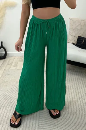 Tanya Green Plisse High Waisted Drawstring Wide Leg Trousers