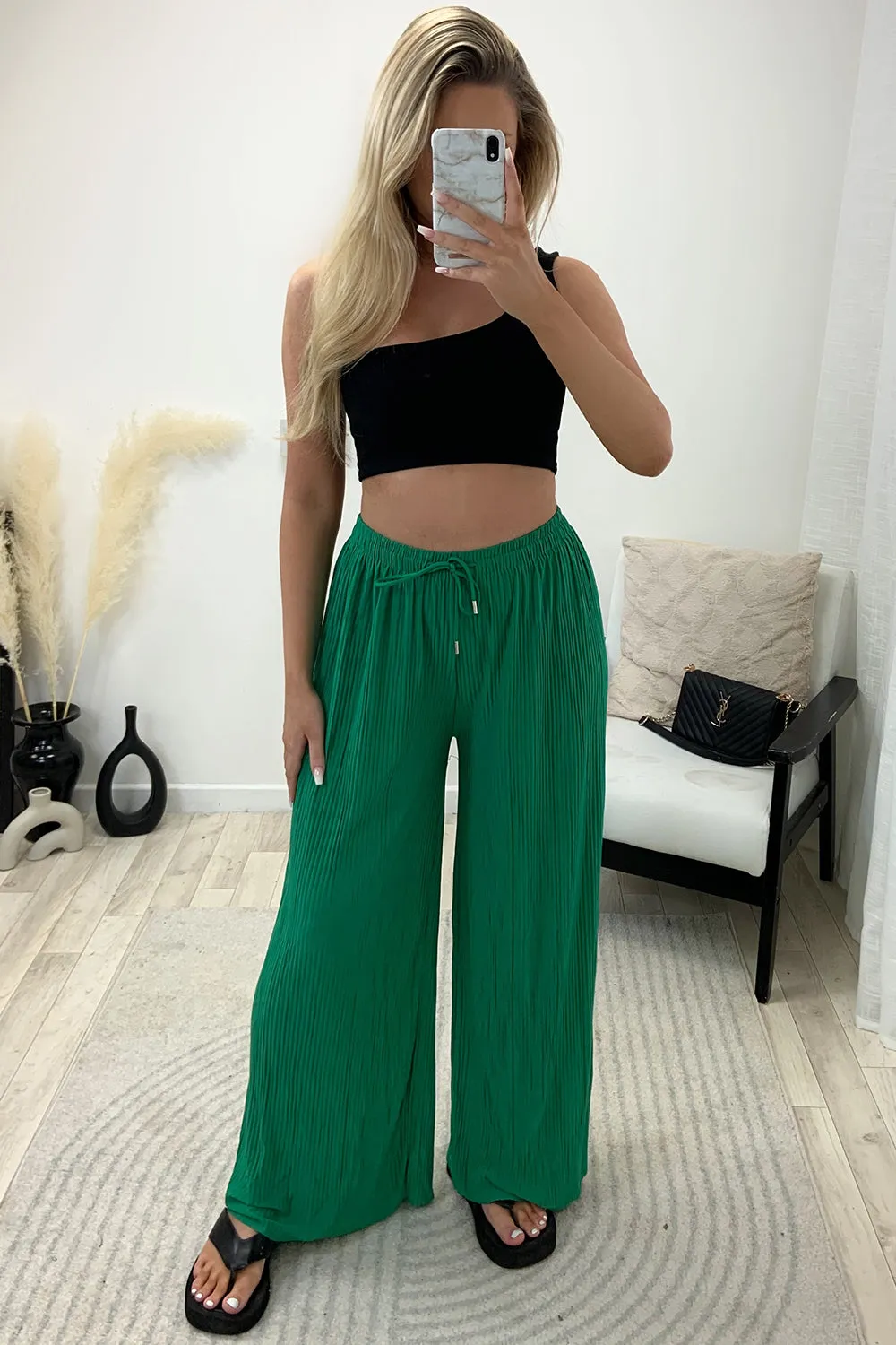 Tanya Green Plisse High Waisted Drawstring Wide Leg Trousers