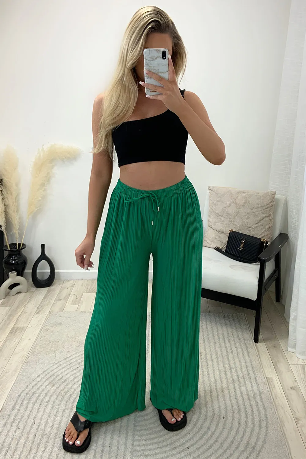 Tanya Green Plisse High Waisted Drawstring Wide Leg Trousers