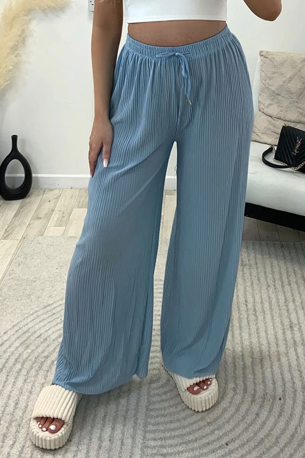 Tanya Powder Blue Plisse High Waisted Drawstring Wide Leg Trousers