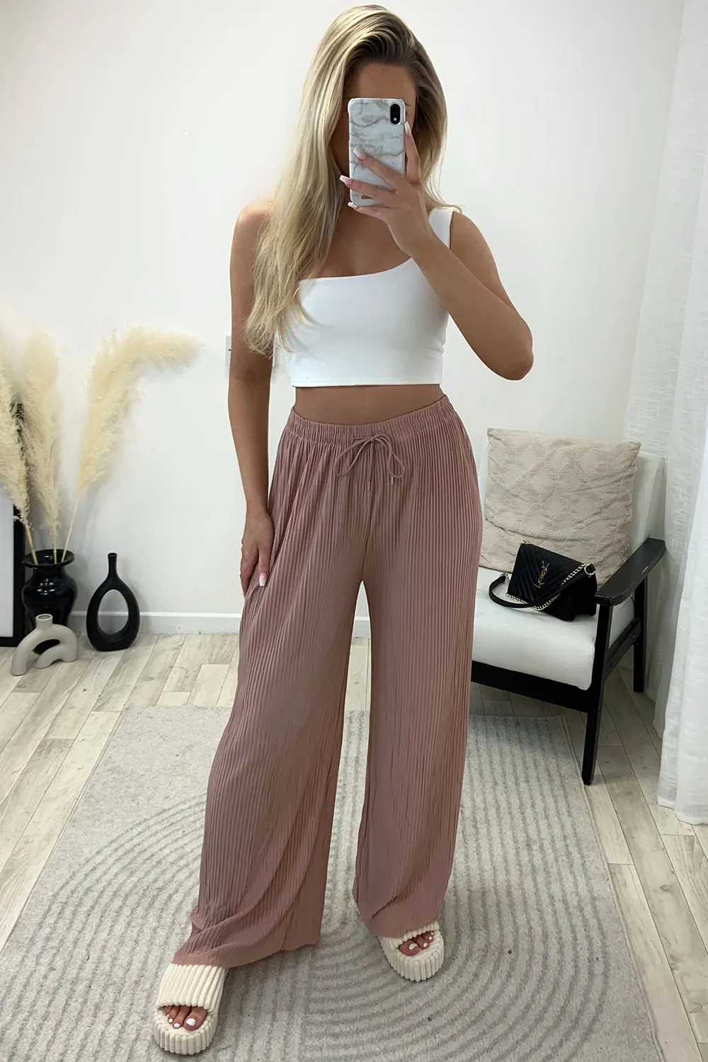 Tanya Rose Plisse High Waisted Drawstring Wide Leg Trousers