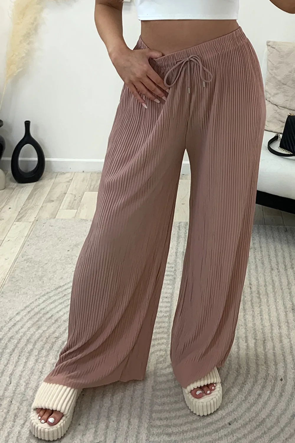 Tanya Rose Plisse High Waisted Drawstring Wide Leg Trousers