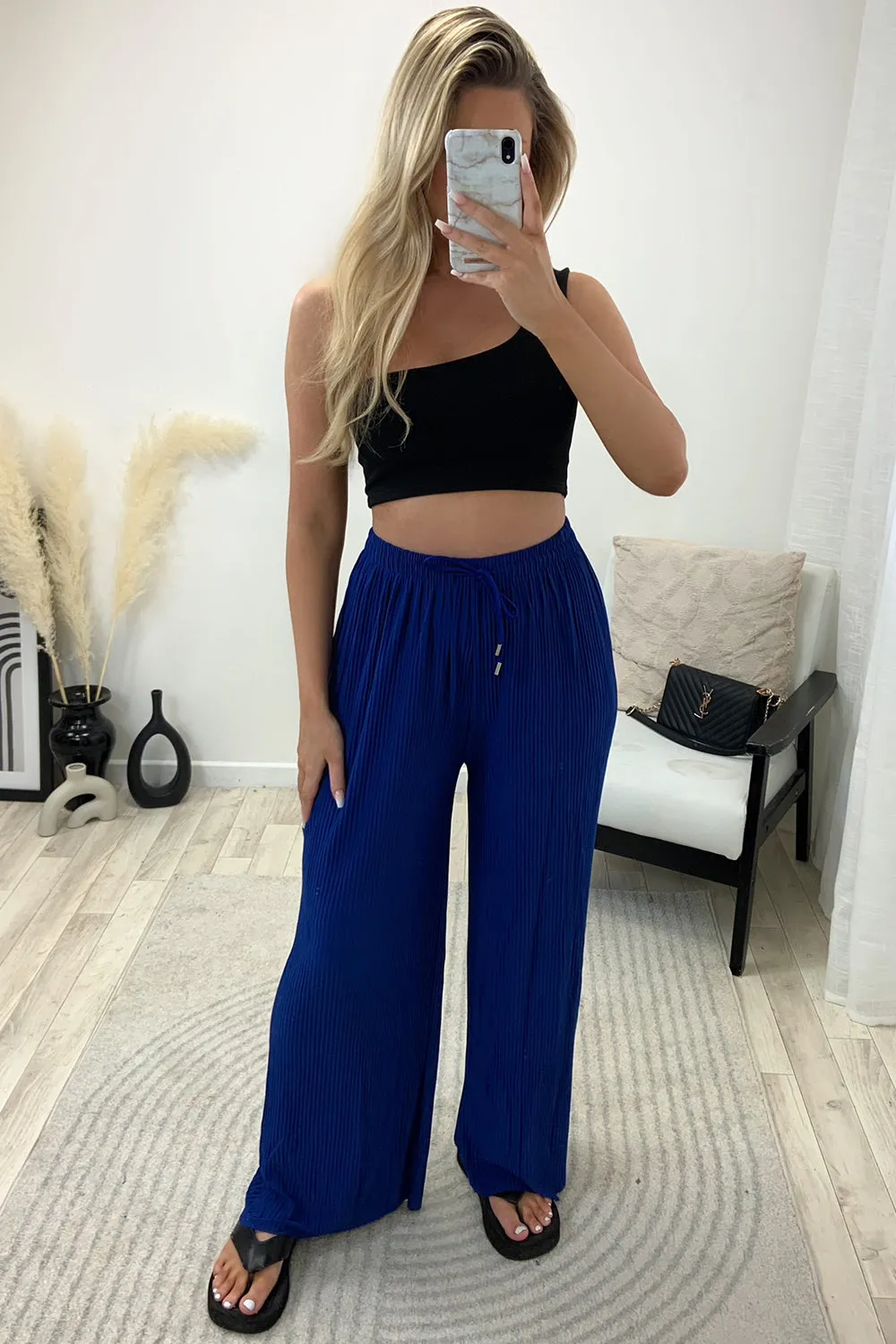 Tanya Royal Blue Plisse High Waisted Drawstring Wide Leg Trousers