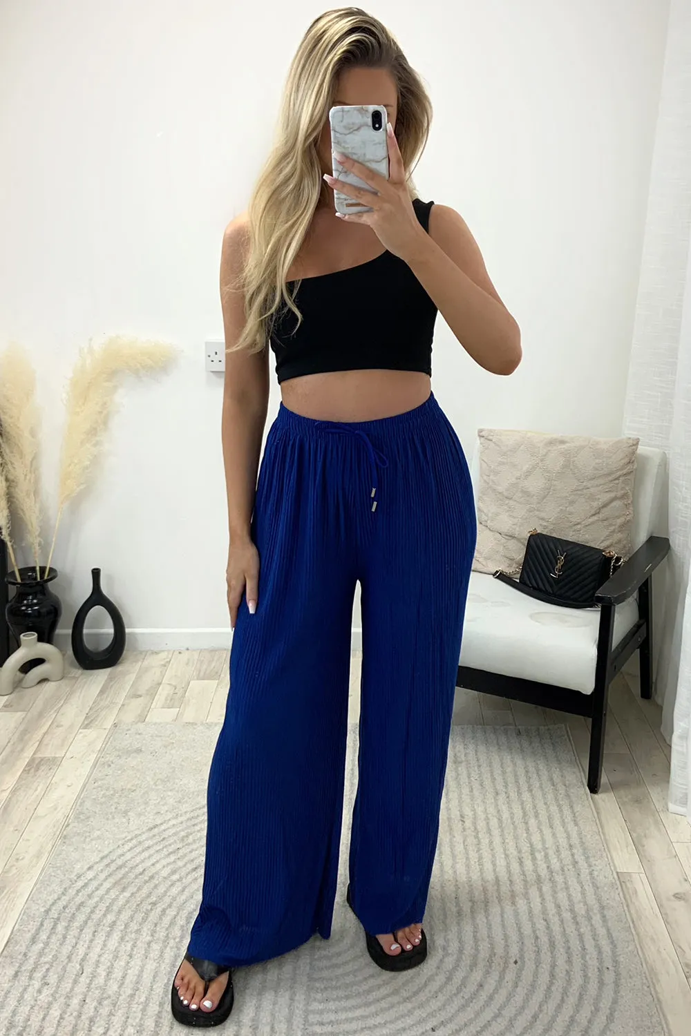 Tanya Royal Blue Plisse High Waisted Drawstring Wide Leg Trousers