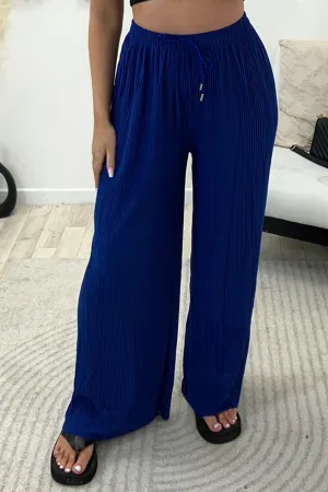 Tanya Royal Blue Plisse High Waisted Drawstring Wide Leg Trousers