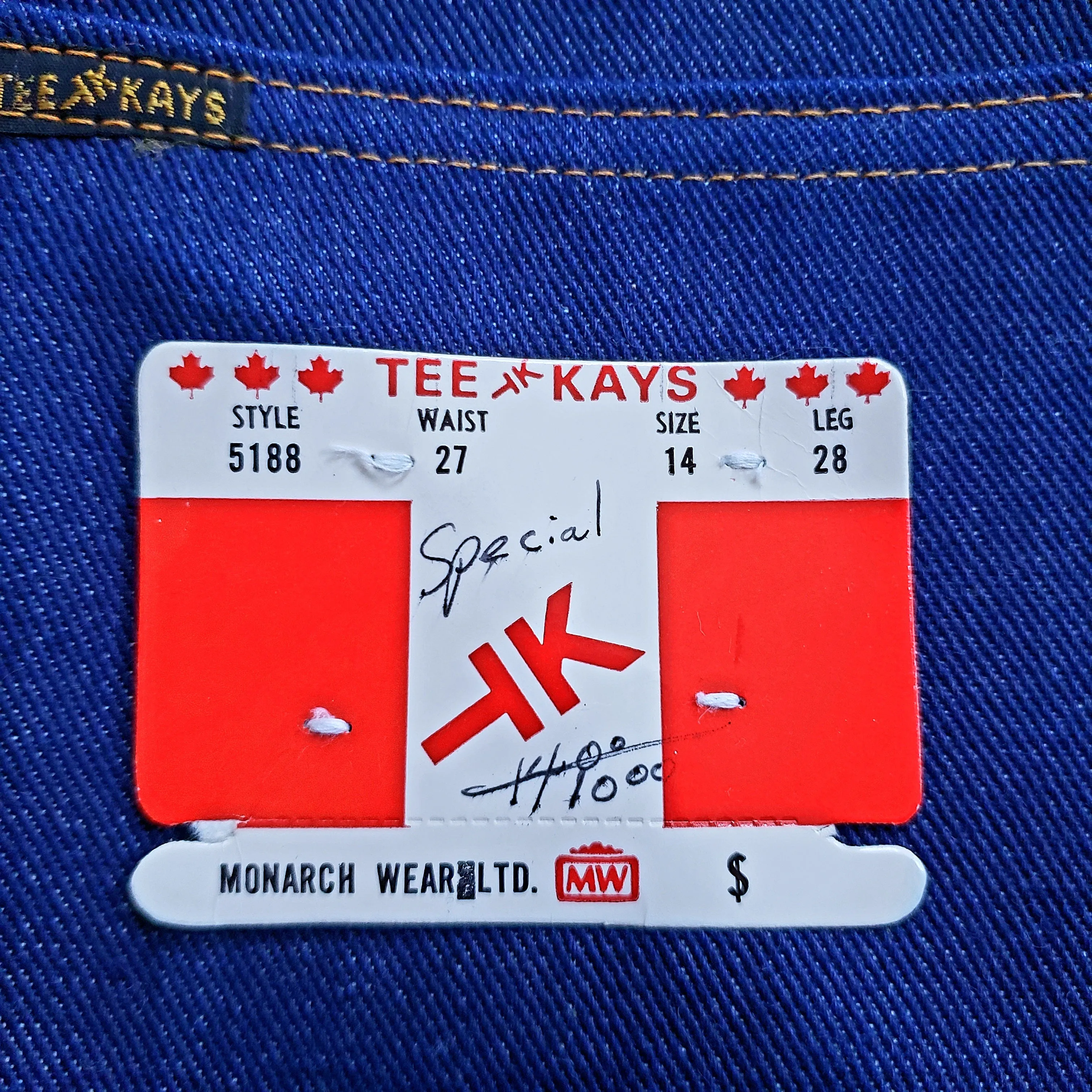 Tee Kay Vintage Deadstock Jeans, Made in Thailand. Monarch Industries. Denim, Bellbottom Jeans. NWT 27" x 28"