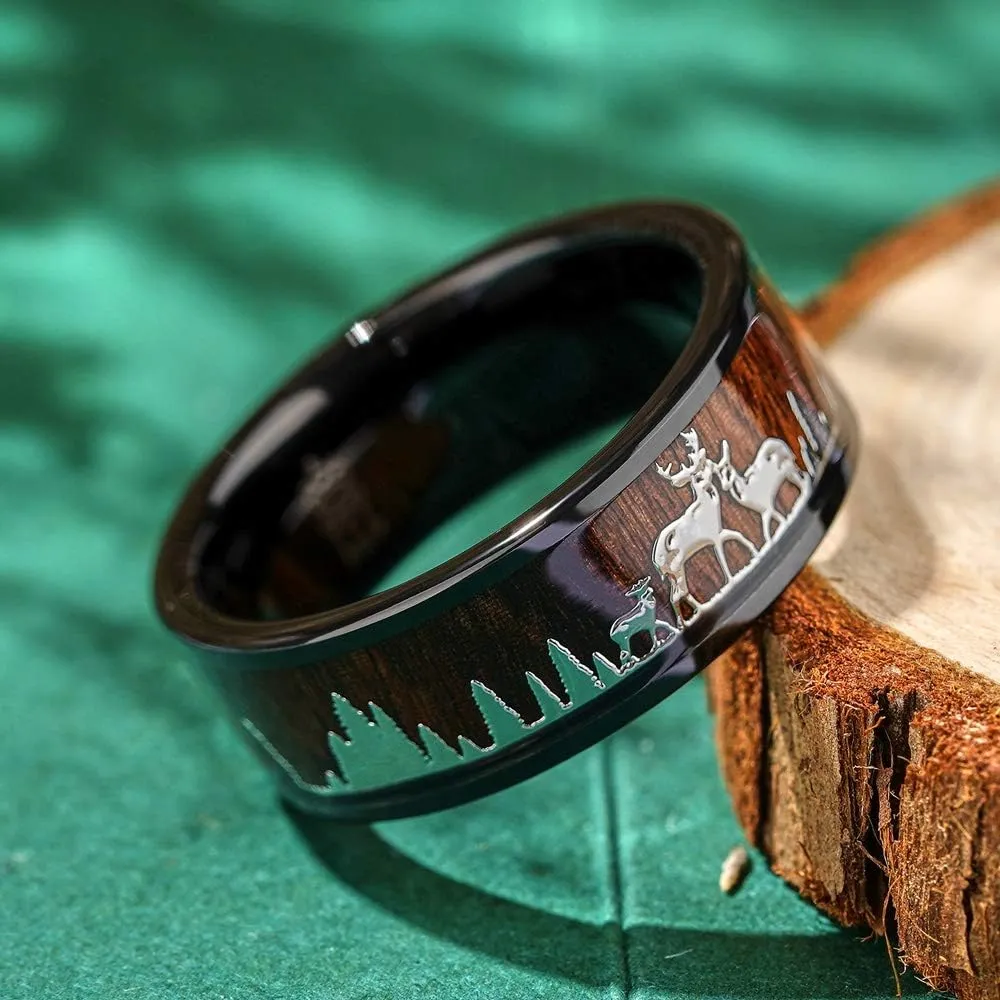 THREE KEYS JEWELRY Men Wedding Bands 8mm Tungsten Hunting Gold/Silver Viking Deer Forest Carbide Wood Ring with With Sandalwood Inlay Polished Infinity Unique for Him Black/Custom Ring Personalized Ring
