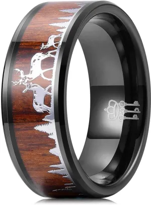 THREE KEYS JEWELRY Men Wedding Bands 8mm Tungsten Hunting Gold/Silver Viking Deer Forest Carbide Wood Ring with With Sandalwood Inlay Polished Infinity Unique for Him Black/Custom Ring Personalized Ring