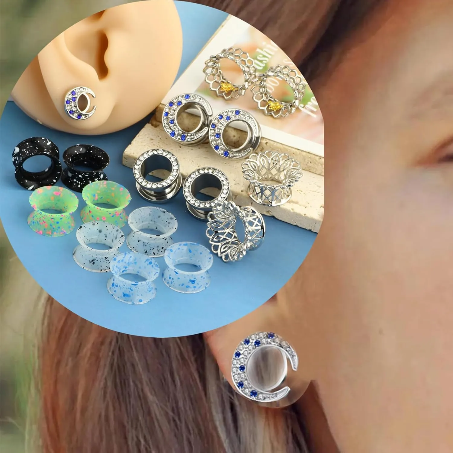 TIANCI FBYJS 8 Pairs Stainless Steel Ear Tunnel Plugs Silicone Gauges For Ear Brass Hollow Floral Single Flared Tunnels Expander Stretcher Piercings Earrings Gauges Bee Plug Tunnles 2g-00G-5/8''