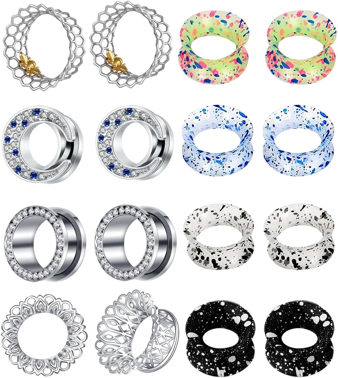 TIANCI FBYJS 8 Pairs Stainless Steel Ear Tunnel Plugs Silicone Gauges For Ear Brass Hollow Floral Single Flared Tunnels Expander Stretcher Piercings Earrings Gauges Bee Plug Tunnles 2g-00G-5/8''