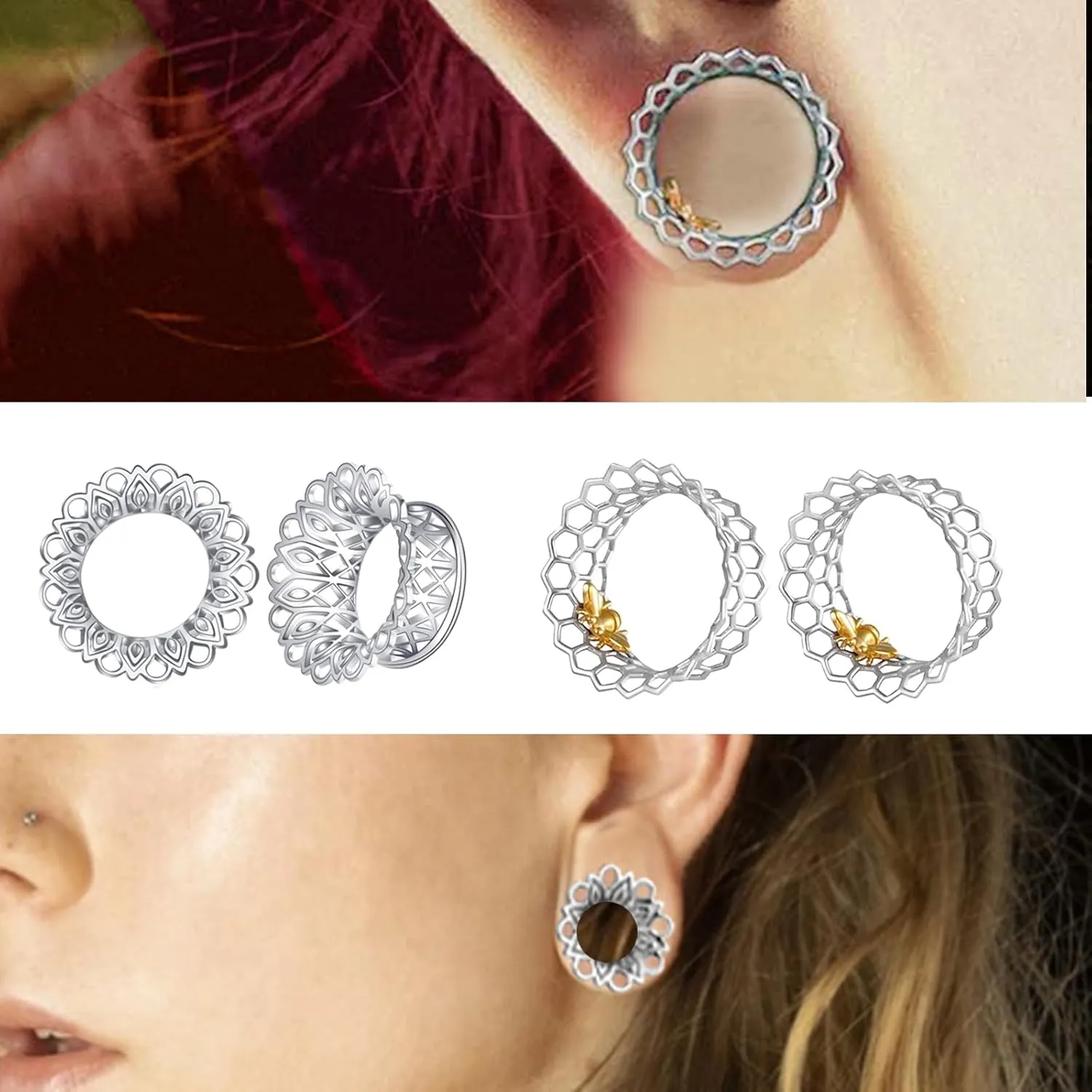 TIANCI FBYJS 8 Pairs Stainless Steel Ear Tunnel Plugs Silicone Gauges For Ear Brass Hollow Floral Single Flared Tunnels Expander Stretcher Piercings Earrings Gauges Bee Plug Tunnles 2g-00G-5/8''