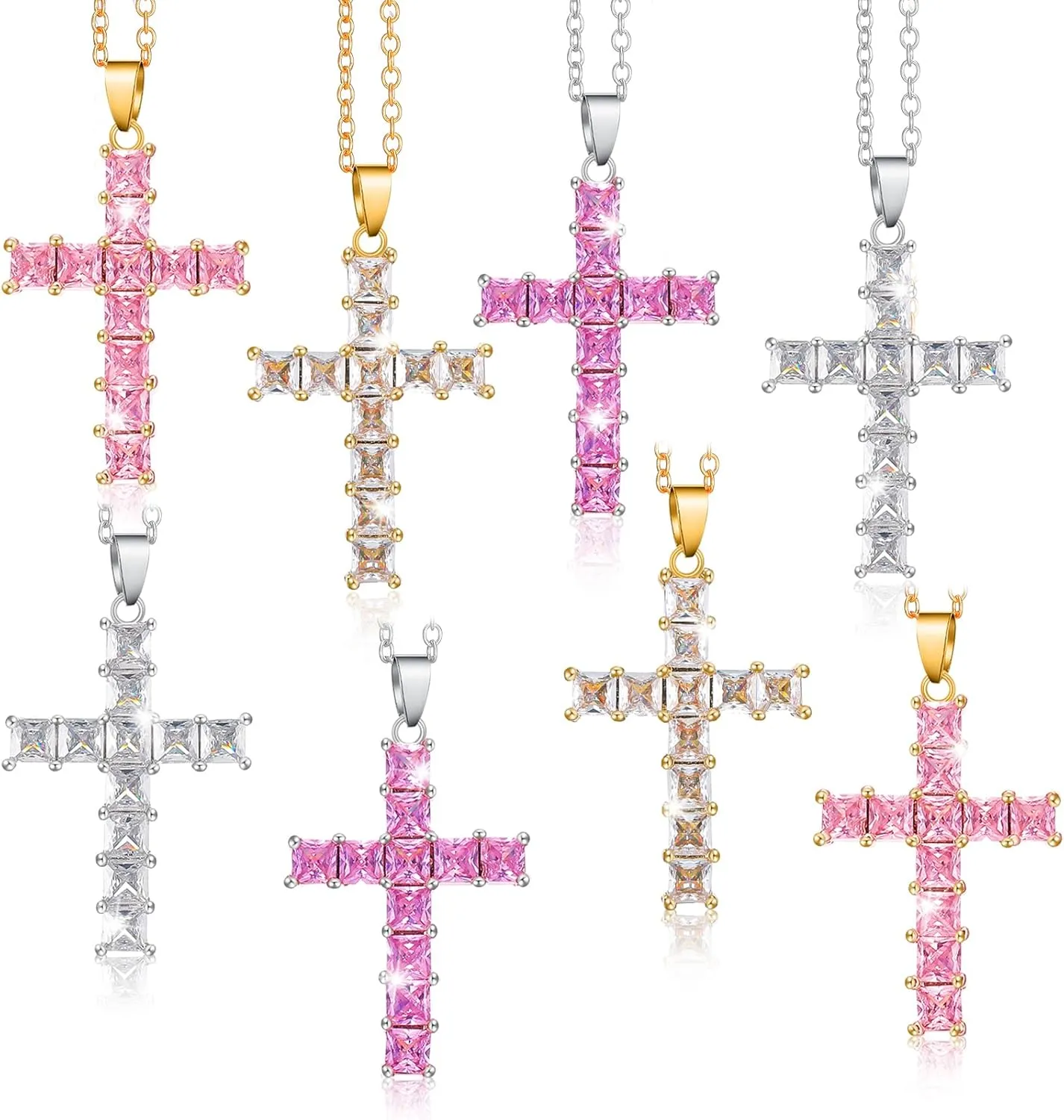Tondiamo 8 Set Cross Necklace for Women Cubic Zirconia Cross Pendant Multi Color Crystal Jesus Faith Jewelry with Flannel Storage Bags Party Leisure Time Christian Jewelry Gifts