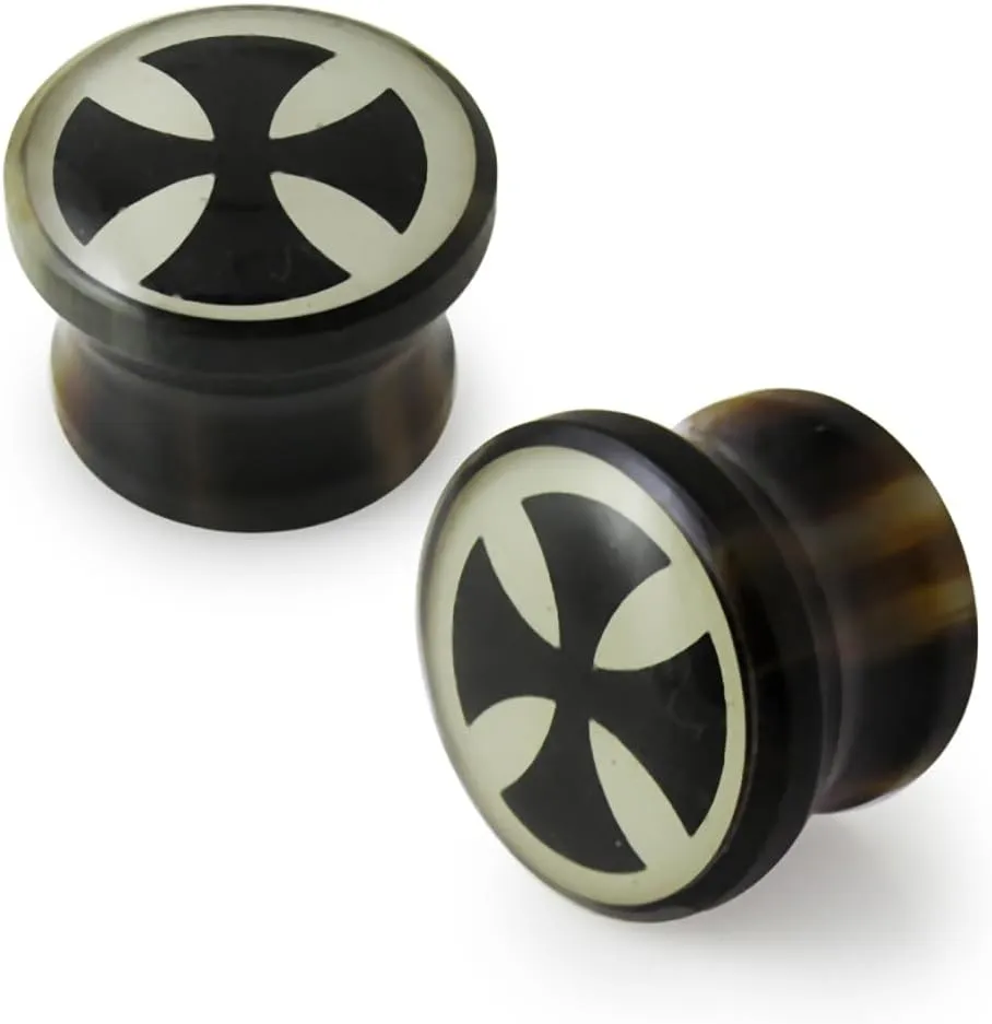 Tribal Cross on Synthetic Organic Double Flared Ear Plugs - Sold by Piece