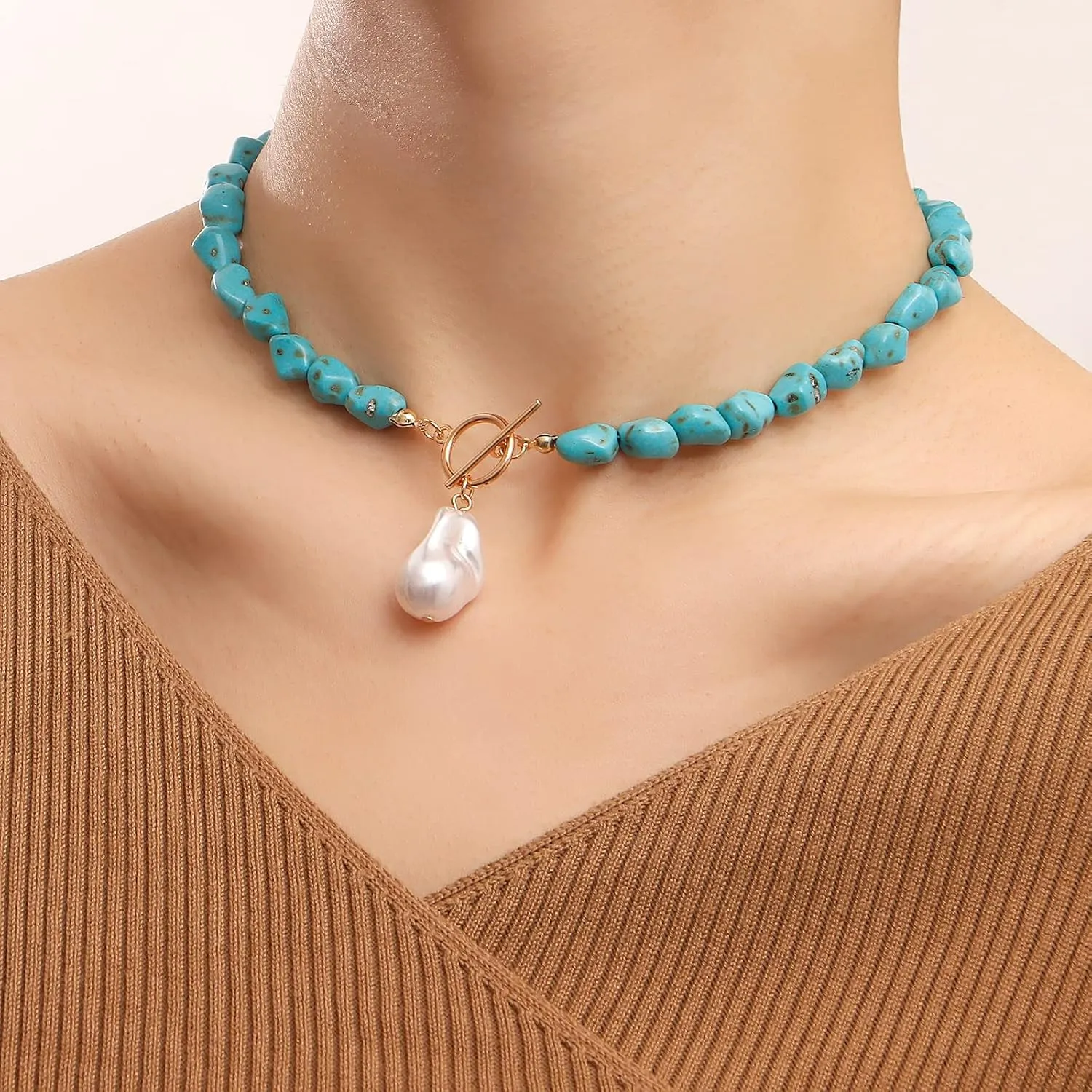 Turquoise Beaded Necklace for Women Baroque Pearl Pendant Necklace Colorful Beaded Choker Necklace Gold Toggle Necklace Natural Stone Jewelry Accessories
