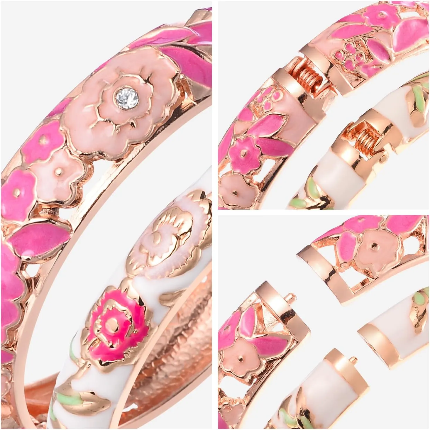 UJOY Vintage Jewelry Cloisonne Handcrafted Enameled Gorgeous Rhinestone Gold Hinged Cuff Bracelet Bangles Gifts 88A