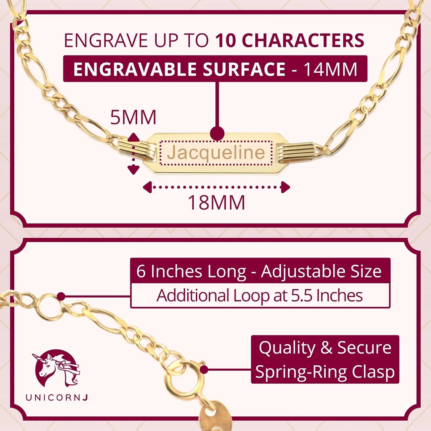 UNICORNJ 14k Gold ID Bracelet Engravable Girls Boys Kids Baby Infant, Personalized Figaro Curb Chain Name Bracelets for Babies Newborn Toddler Child Girl Boy Yellow Gold, Made in Italy