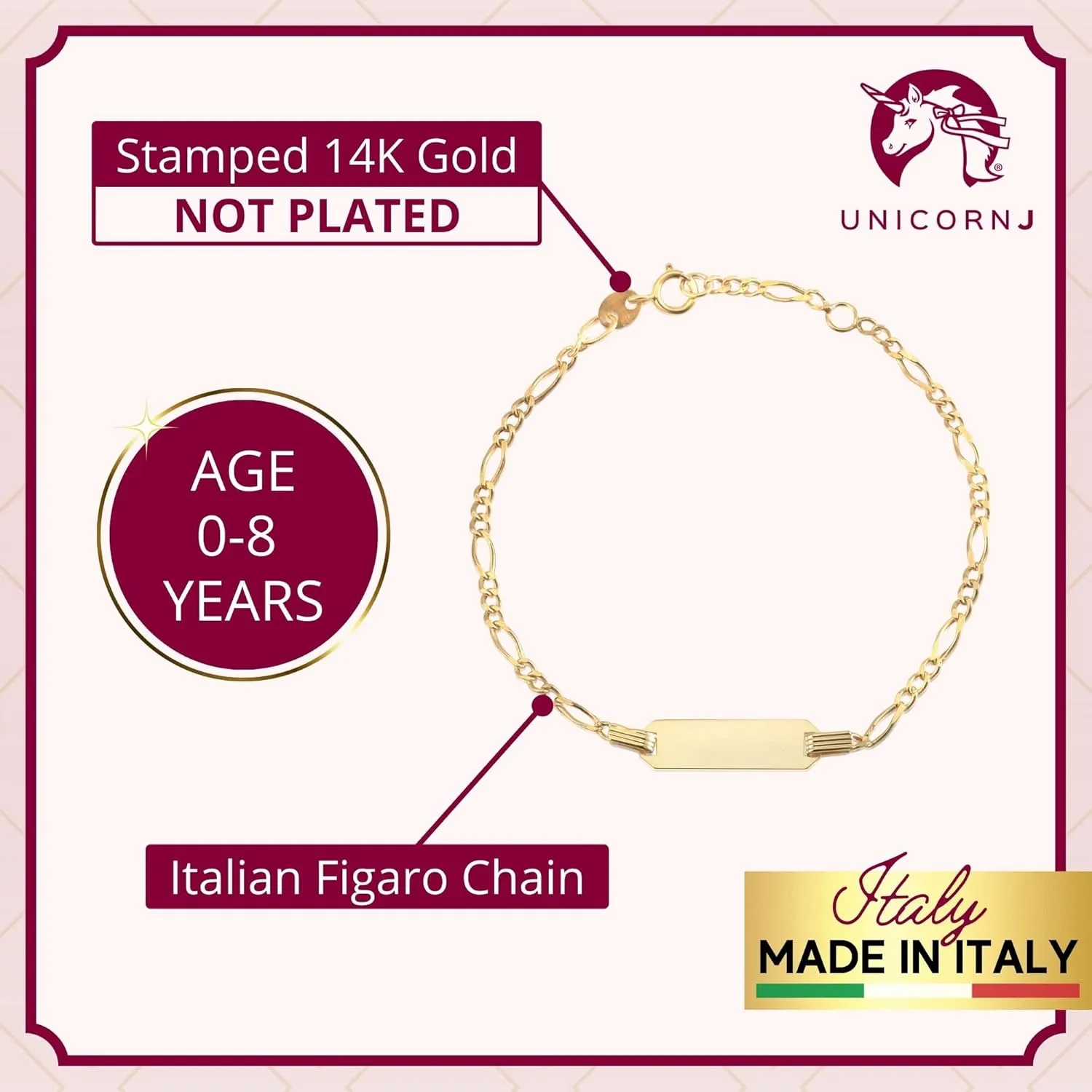 UNICORNJ 14k Gold ID Bracelet Engravable Girls Boys Kids Baby Infant, Personalized Figaro Curb Chain Name Bracelets for Babies Newborn Toddler Child Girl Boy Yellow Gold, Made in Italy