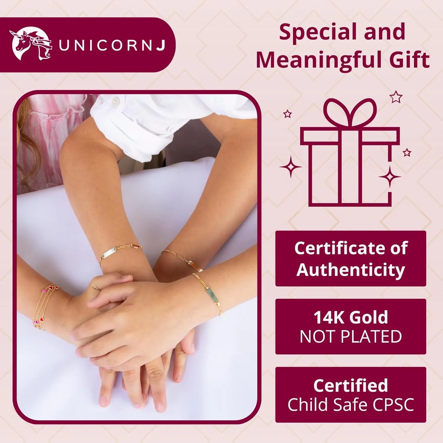 UNICORNJ 14k Gold ID Bracelet Engravable Girls Boys Kids Baby Infant, Personalized Figaro Curb Chain Name Bracelets for Babies Newborn Toddler Child Girl Boy Yellow Gold, Made in Italy