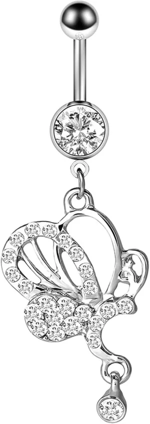 Unique Belly Button Rings Dangling, Silver Belly Ring Navel Ring Stainless Steel Silver Butterfly Shaped with White Cubic Zirconia