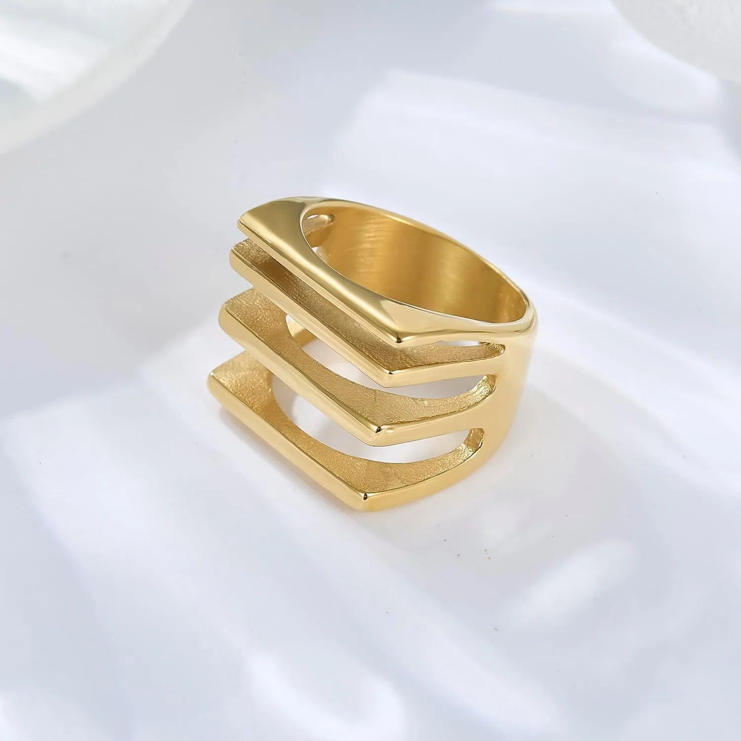 Unique Geometric Jewelry Solid Stainless Steel Square/Multilayer Bar Minimal Statement Ring for Women