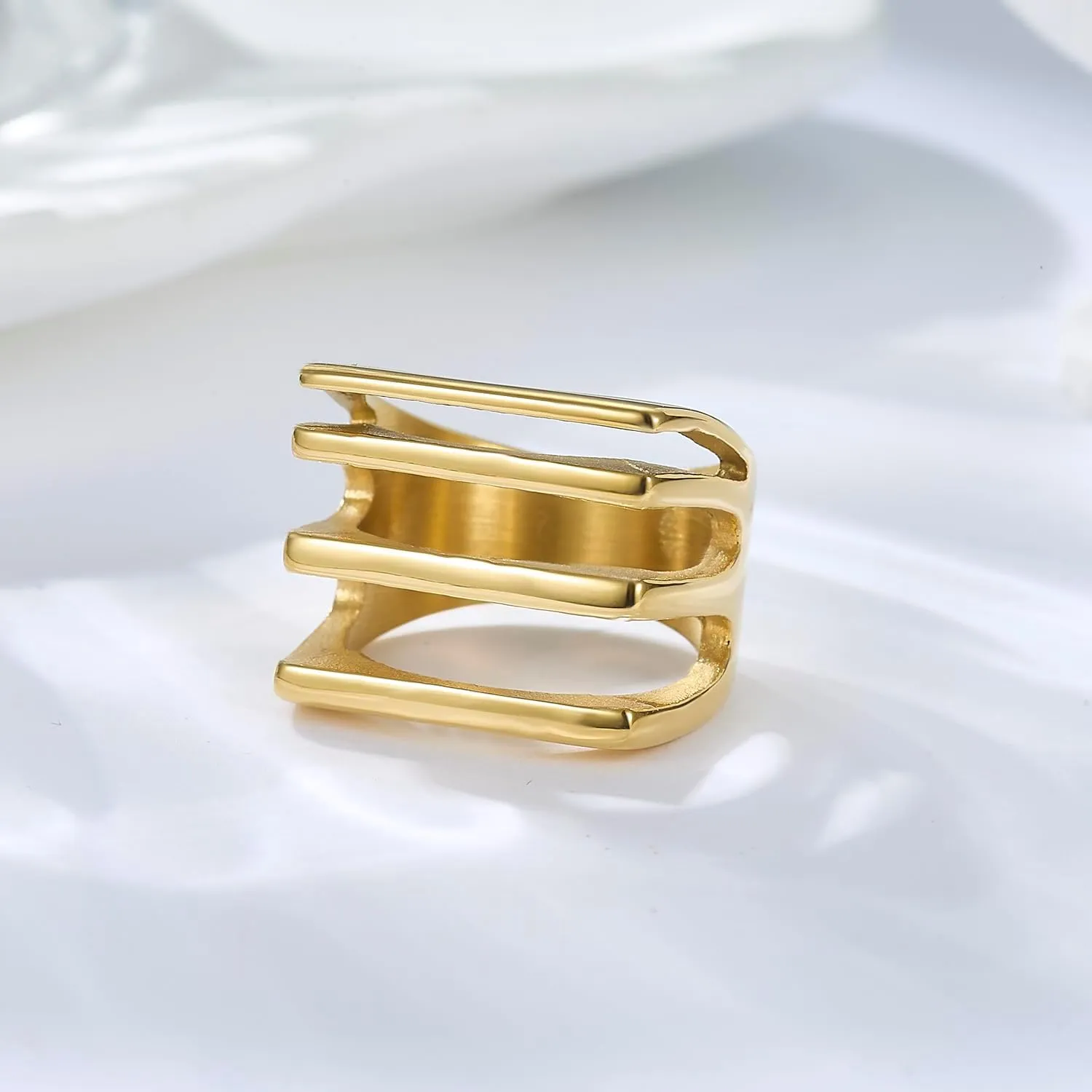 Unique Geometric Jewelry Solid Stainless Steel Square/Multilayer Bar Minimal Statement Ring for Women