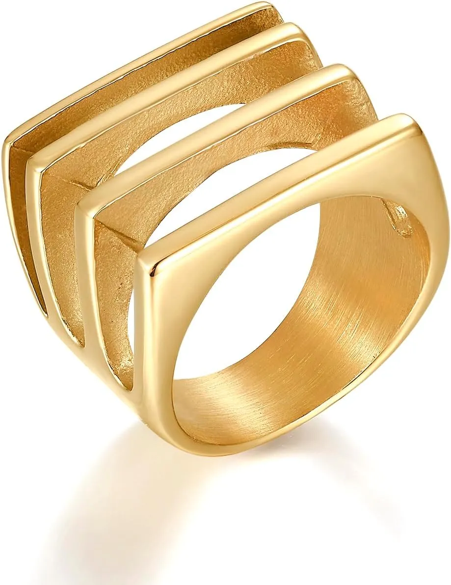 Unique Geometric Jewelry Solid Stainless Steel Square/Multilayer Bar Minimal Statement Ring for Women