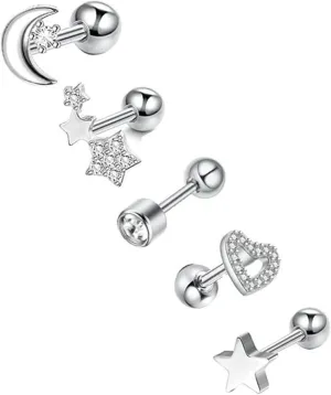 Unique Nose Rings Surgical Steel, Nose Jewelry Moon Star Heart Triangle Cubic Zirconia Body Piercing Lip Tongue 5Pcs Women