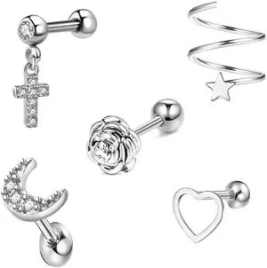 Unique Nose Rings Surgical Steel, Nose Jewelry Moon Star Heart Triangle Cubic Zirconia Body Piercing Lip Tongue 5Pcs Women