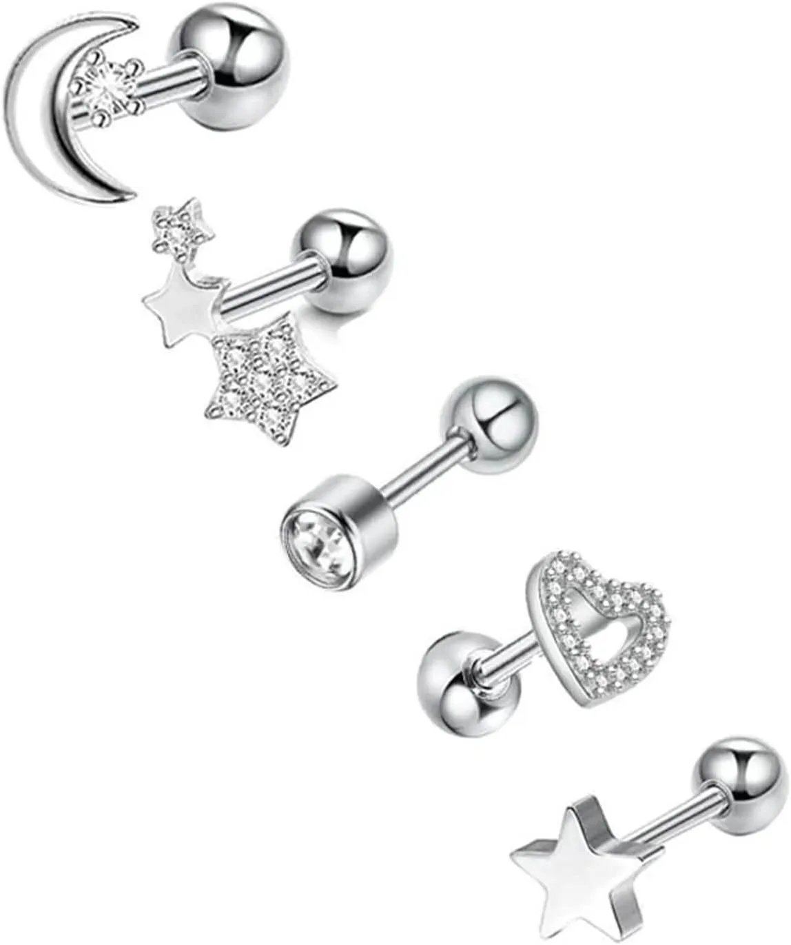Unique Nose Rings Surgical Steel, Nose Jewelry Moon Star Heart Triangle Cubic Zirconia Body Piercing Lip Tongue 5Pcs Women