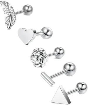 Unique Nose Rings Surgical Steel, Nose Jewelry Moon Star Heart Triangle Cubic Zirconia Body Piercing Lip Tongue 5Pcs Women