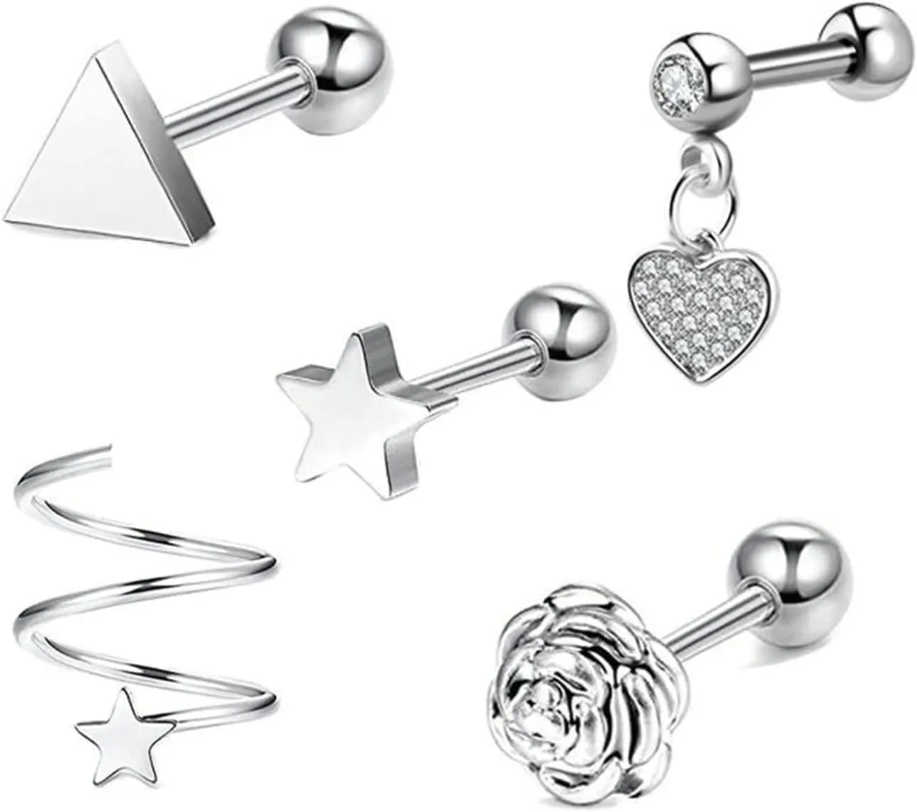 Unique Nose Rings Surgical Steel, Nose Jewelry Moon Star Heart Triangle Cubic Zirconia Body Piercing Lip Tongue 5Pcs Women