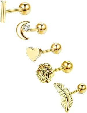 Unique Nose Rings Surgical Steel, Nose Jewelry Moon Star Heart Triangle Cubic Zirconia Body Piercing Lip Tongue 5Pcs Women