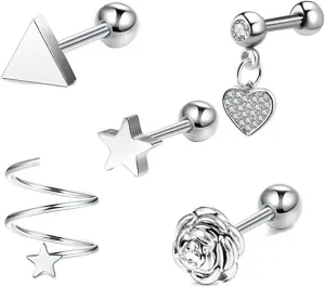 Unique Nose Rings Surgical Steel, Nose Jewelry Moon Star Heart Triangle Cubic Zirconia Body Piercing Lip Tongue 5Pcs Women